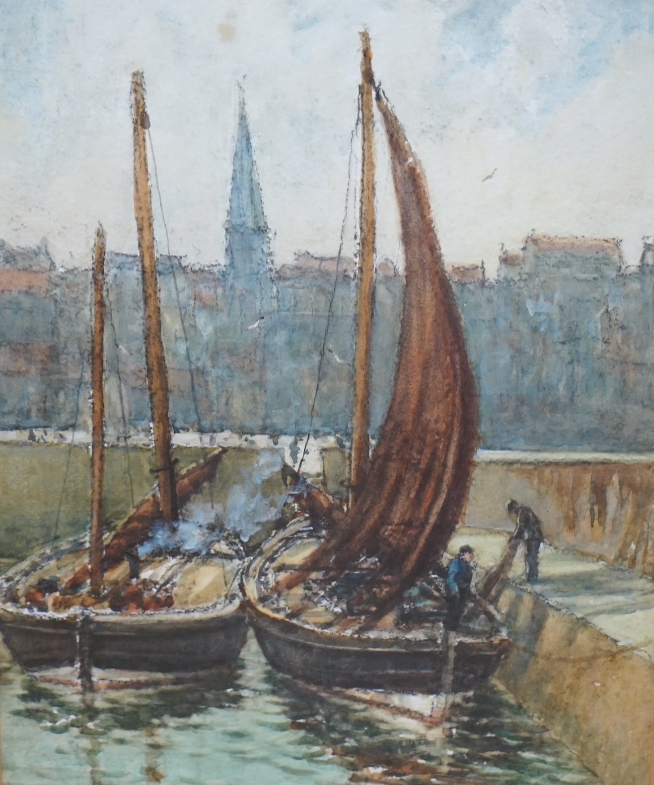 Robert Edouard Stirling Paterson (fl.1890-1940), watercolour, 'Moored fishing boats, Italy', signed and dated '39, 39 x 29cm. Condition - fair
